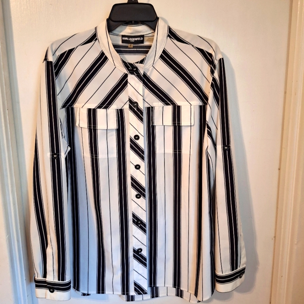 Karl Lagerfeld Black and White Striped Button-Down Shirt